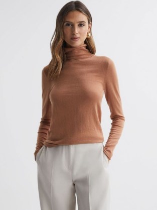 REISS EMMA CASHMERE WOOL ROLL NECK TOP in CAMEL ~ chic light brown fitted jumper ~ women’s knitted tops with a high slouchy neck ~ luxe knitwear