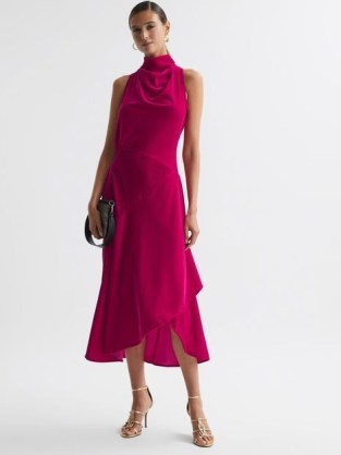 Reiss GIANNON VELVET FUNNEL NECK ASYMMETRIC MIDI DRESS in Pink – sumptuous occasion dresses – luxe evening event clothing