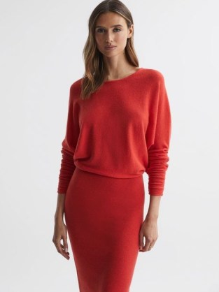 REISS LEILA KNITTED LONG SLEEVE MIDI DRESS in RED ~ chic autumn sweater dresses