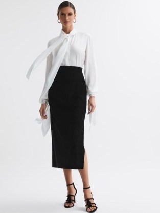 Reiss LEONA VELVET RUCHED MIDI SKIRT in BLACK – chic occasion skirts – women’s plush evening event clothing