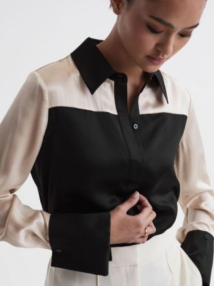 Reiss LOREY SILK COLOURBLOCK SHIRT BLACK / CHAMPAGNE – women’s luxe colour block shirts