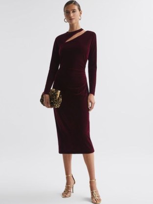 Reiss MACEY VELVET CUT-OUT MIDI DRESS in RED – plush bodycon – luxurious fitted occasion dresses