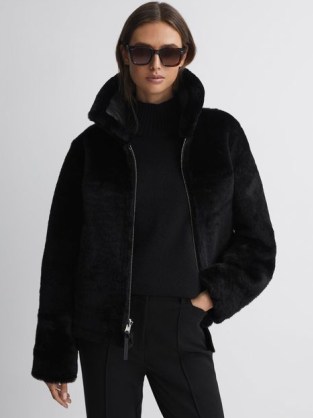 REISS MELODY REVERSIBLE LEATHER SHEARLING ZIP-THROUGH JACKET in BLACK ~ glamorous winter jackets