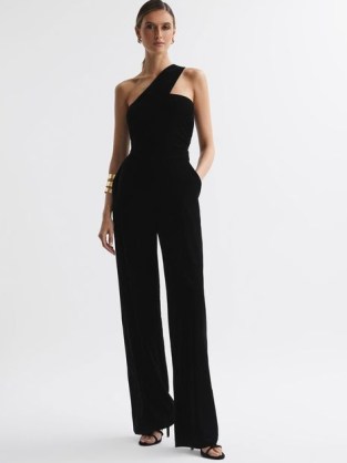 REISS WINTER VELVET ONE-SHOULDER JUMPSUIT in BLACK ~ chic asymmetric evening jumpsuits