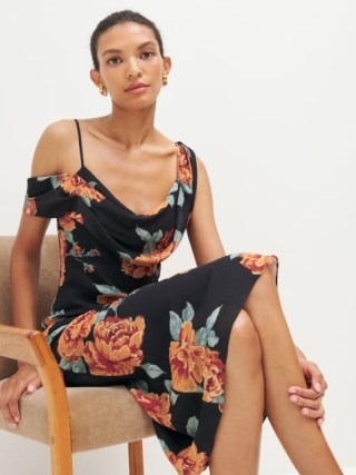 Reformation Reya Dress in Consuelo / black strappy floral print evening dresses / draped asymmetric neckline / cowl neck occasion fashion