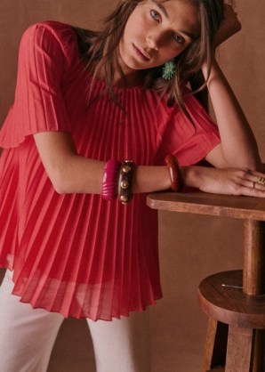 Sezane ROMY BLOUSE in Poppy ~ red semi sheer blouses ~ floaty short sleeve pleated top