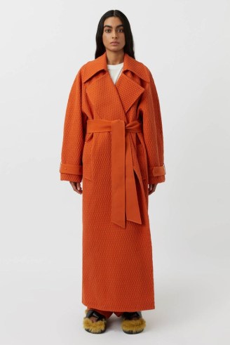 CAMILLA AND MARC Rosalind Textured Midi Coat in Orange – women’s luxury oversized tie waist coats – bright longline self belted winter outerwear