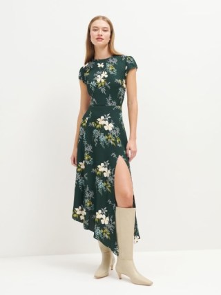 Reformation Sanvi Dress in Portia / green floral asymmetric hemline dresses / thigh high slit