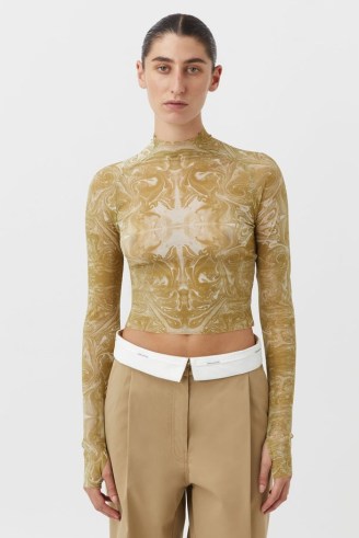 CAMILLA AND MARC Selma Sheer Cropped Top in Selma Green and Beige Print – lightweight fitted long sleeve high neck crop tops