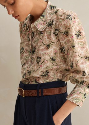 me and em Silk Cotton Soft Bloom Print Shirt in Light Cream/Brown/Green/Pink – women’s floral lace trim collar shirts