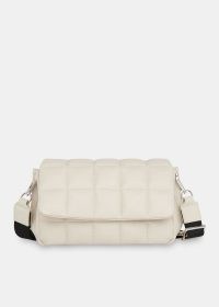 WHISTLES ELLIS QUILTED CROSSBODY BAG in STONE | padded leather flap bags | wide shoulder strap cross body