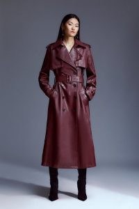 KAREN MILLEN Tailored Faux Leather Belted Trench Coat in Oxblood ~ women’s dark red autumn coats