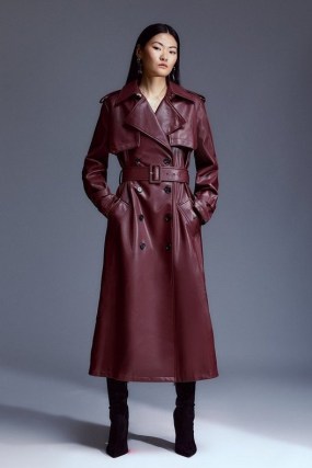 KAREN MILLEN Tailored Faux Leather Belted Trench Coat in Oxblood ~ women’s dark red autumn coats