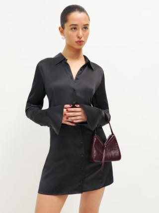 Reformation Taylin Silk Dress in Black / silky mini length shirt dresses