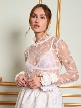 sister jane THE MADELEINE MOMENT DREAM Dentelle Applique Top in Pearl White / sheer occasion tops with floral appliques / see-through long sleeve high ruffle neck blouse / romantic evening fashion