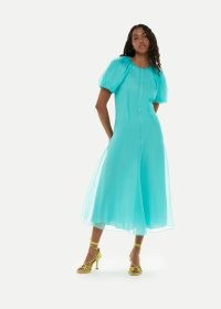 WHISTLES ORGANZA SILK PUFF SLEEVE DRESS in Turquoise | blue open back sheer overlay party dresses | womens feminine occasion clothing | romantic event fashion
