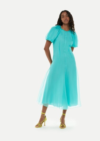 WHISTLES ORGANZA SILK PUFF SLEEVE DRESS in Turquoise | blue open back sheer overlay party dresses | womens feminine occasion clothing | romantic event fashion