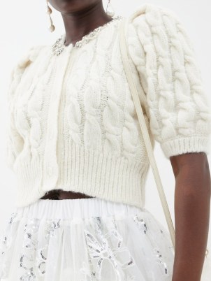 SIMONE ROCHA Crystal-embellished alpaca-blend cardigan in ivory – cropped puff sleeve cardigans – romance inspired knitwear – feminine knits