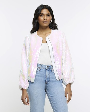 River Island WHITE IRIDESCENT SEQUIN BOMBER JACKET | women’s sequinned front zip up jackets