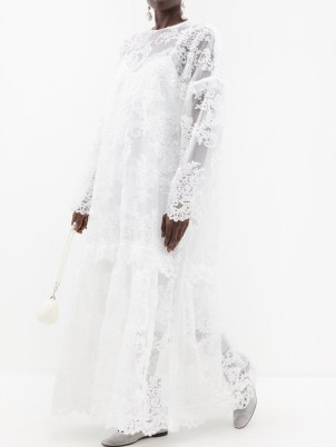 SIMONE ROCHA Oversized floral-lace maxi dress in ivory – sheer white relaxed fit dresses – romantic style clothing with volume – romance inspired fashion