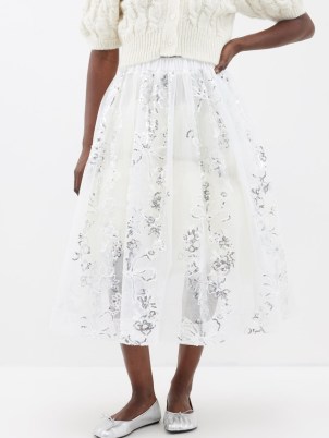 SIMONE ROCHA Sequin-embroidered tulle midi skirt in ivory – sequinned sheer overlay skirts – voluminous romantic clothing