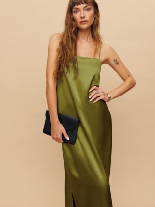 Reformation Yoshe Dress in Pear Crinkle ~ strappy green relaxed fit slip dresses ~ luxe evening fashion ~ chic skinny shoulder strap party clothing