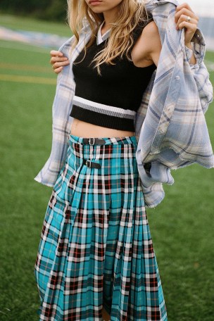 BDG Adley Pleated Midi Skirt in Blue | women’s tartan kilt style skirts | womens preppy plaid fashion