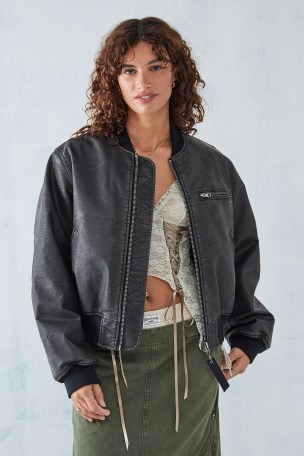 BDG Cracked Faux Leather Bomber Jacket in Black | women’s casual oversized zip up jackets