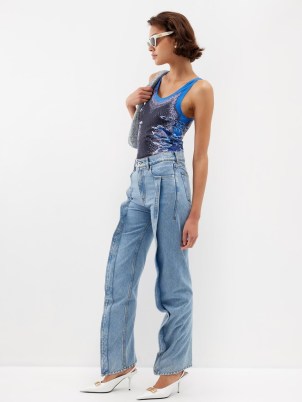 Y/PROJECT Evergreen Slim Banana organic wide-leg jeans in blue ~ women’s front ruffle effect jean ~ womens contemporary denim clothing