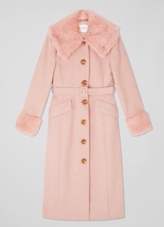 L.K. BENNETT Bryony Pink Italian Recycled Wool Coat ~ women’s sustainable luxury winter coats ~ womens luxe faux fur trim outerwear