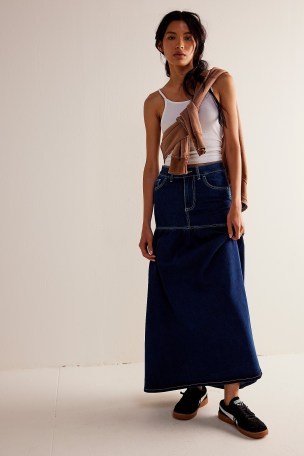 We The Free Jordan Maxi Skirt in Midnight | blue denim drop waist skirts