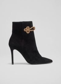 L.K. BENNETT Delphine Black Suede and Gold Brocade Ankle Boots ~ women’s glamorous military inspired boot ~ luxury stiletto heel booties