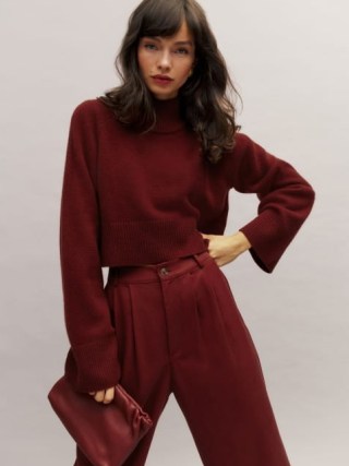 Reformation Garrett Cashmere Cropped Turtleneck in Chianti ~ dark red crop hem jumper ~ womens high neck autumn sweater ~ women’s luxe oversized winter jumpers