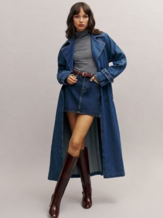 Reformation Hayes Denim Trench Coat in Estes ~ women’s blue longline relaxed fit tie waist coats