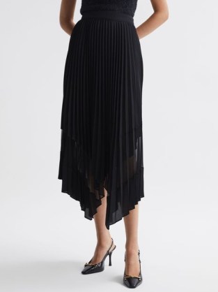 REISS DINA PLEATED LAYERED ASYMMETRIC MIDI SKIRT in BLACK ~ occasion skirts with an asymmetrical hemline