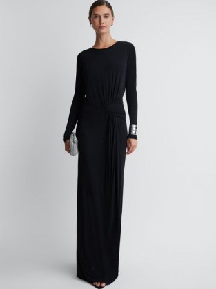 REISS DORA DIAMANTÉ BODYCON MAXI DRESS in BLACK ~ chic long sleeve gathered detail evening dresses ~ sophisticated party clothing