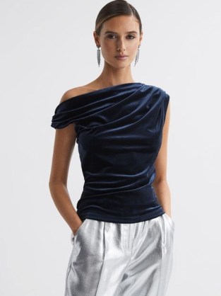 REISS MIA VELVET OFF-THE-SHOULDER TOP in NAVY ~ luxe plush asymmetric evening tops ~ chic occasion clothing