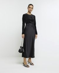 RIVER ISLAND Black Velvet Bodycon Midi Dress ~ long sleeve plush feel and satin fabric evening dresses p