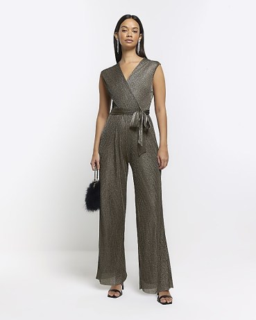 RIVER ISLAND Bronze Plisse Wide Leg Wrap Jumpsuit / sleeveless metallic tie waist jumpsuits