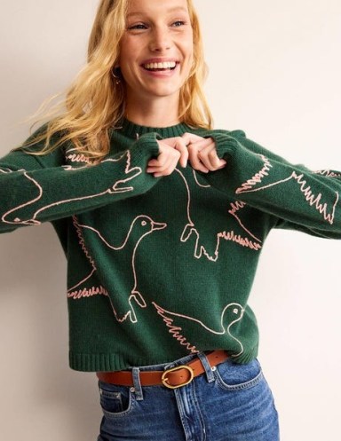 Boden Embroidered-Duck Jumper in Amazon Green / women’s relaxed fit ...