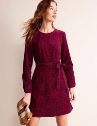 Boden Harriet Cord Dress Warm Cranberry, Pome Sprig / women’s corduroy long sleeve mini dresses / leaf print winter fashion p