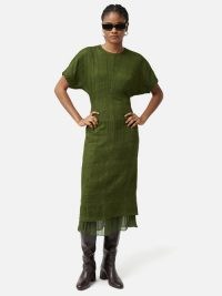 JIGSAW Textured Check Midi Dress in Green ~ short sleeve sheer hem dresses