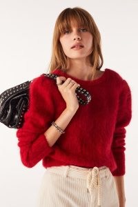 ba&sh turo LONG-SLEEVED JUMPER in Red ~ fluffy plunge back jumpers ~ structured padded shoulder sweater p
