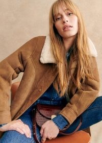 Sezane NICO COAT in Caramel Ecru ~ women’s luxe brown leather coats ~ womens luxury winter contrast collar jackets p