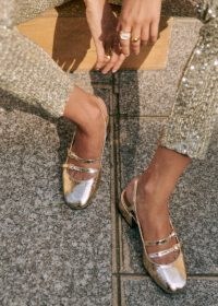Sézane PAULA BABIES Embossed gold / luxe double strap slingbacks / glamorous snake effect leather slingback shoes / shiny mid block heels p