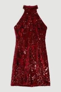 KAREN MILLEN Petite Velvet Sequinned Halter Woven Mini Dress in Red ~ sequin covered halterneck party dresses p