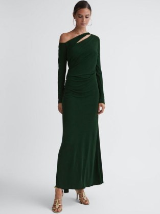 REISS DELPHINE OFF-THE-SHOULDER CUT-OUT MAXI DRESS in GREEN ~ long length asymmetric evening dresses ~ cutout occasion clothing ~ women’s chic party clothes