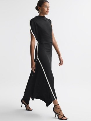 REISS KLEIN ASYMMETRIC CONTRAST TRIM MIDI DRESS BLACK / WHITE