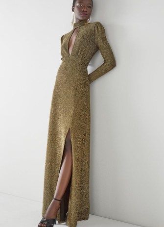 L.K. Bennett Wilma Gold Metallic Slit-Front Maxi Dress | glamorous retro style evening dresses | 70s vintage inspired glaour | glamorous 1970s look occasion fashion p