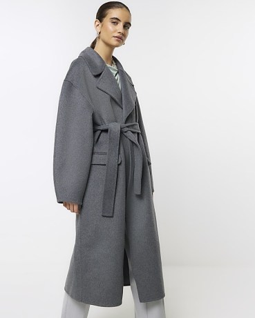 RIVER ISLAND Grey Wool Blend Belted Coat ~ women’s longline tie waist coats